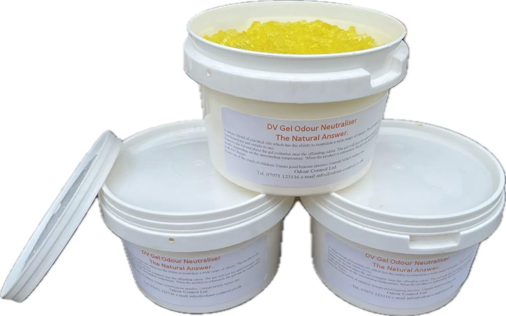 DV Gel Odour Neutraliser — branded tubs, one open showing the yellow gel beads